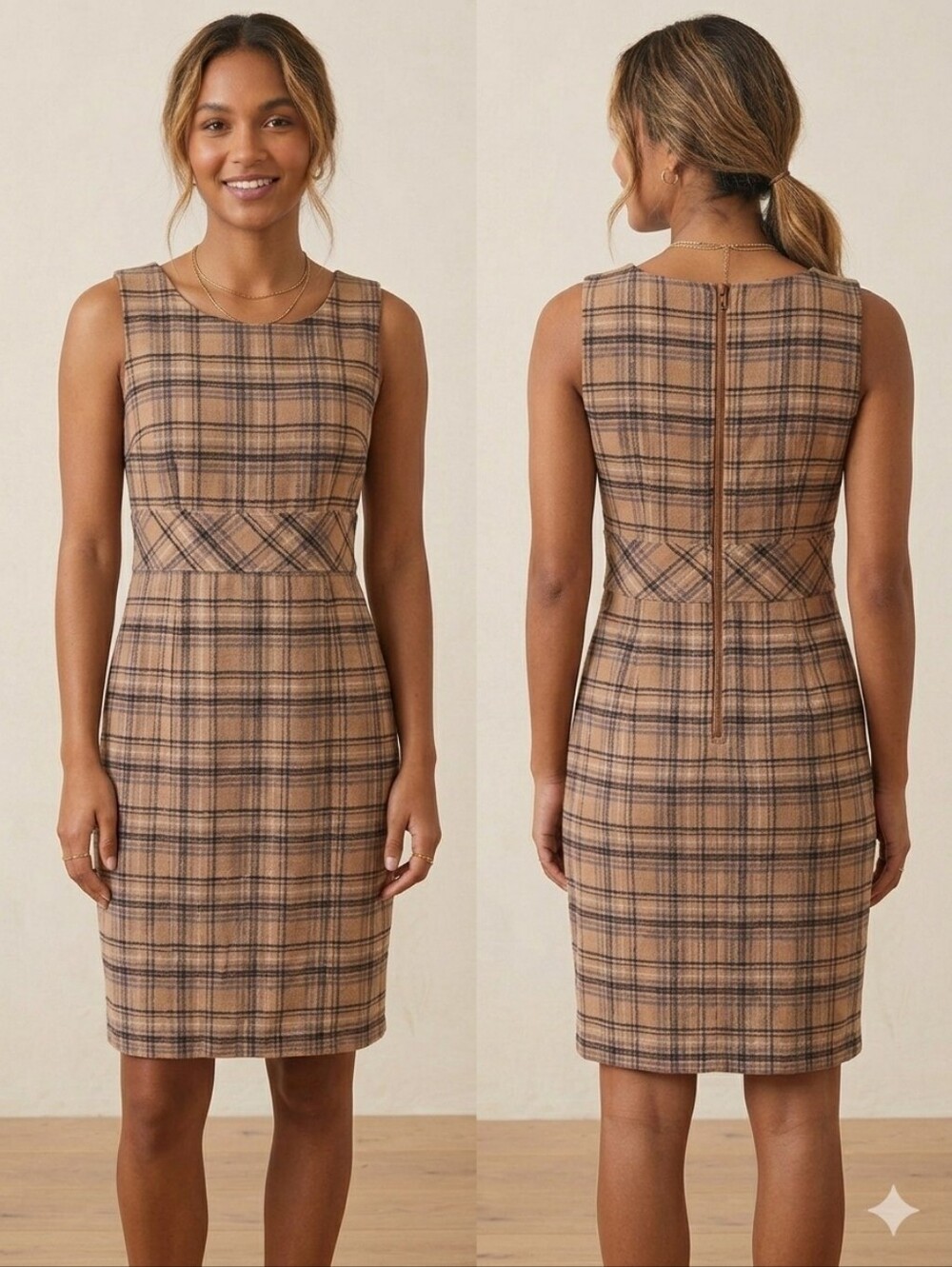 NWT Alfred Sung Tan and Black Plaid Midi Sheath Dress